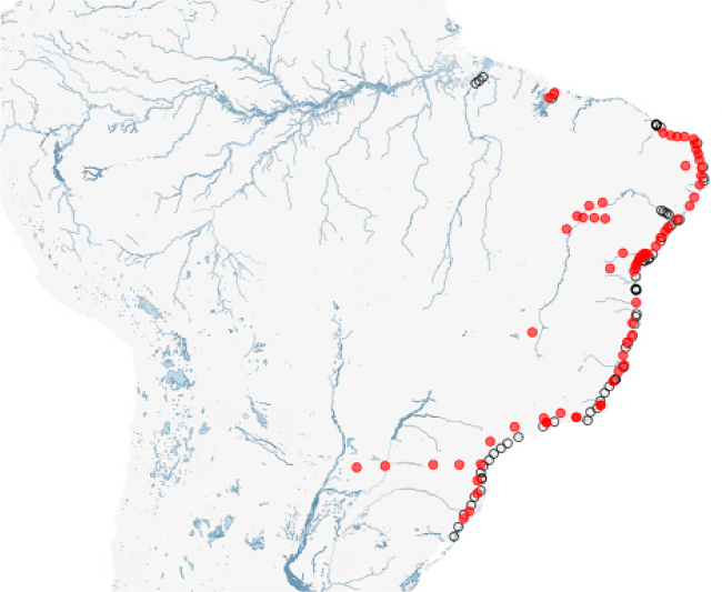 Compara&ccedil;&atilde;o dos pontos referentes ao relato de Gabriel Soares de Souza do &ldquo;Mapa Etno-Hist&oacute;rico&rdquo; (em vermelho) com a leitura da mesma obra (marcada por c&iacute;rculos)