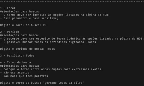 Print da tela de execu&ccedil;&atilde;o da ferramenta
                                pyHDB mostrando os par&acirc;metros de busca utilizados no exemplo 1 deste artigo.