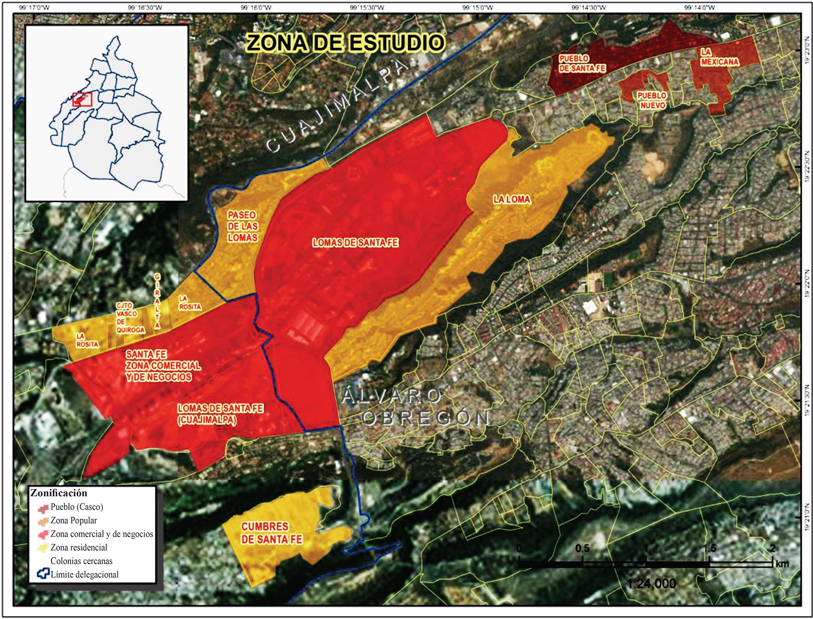 Zona de estudio donde se puede observar el proyecto Santa Fe,las
								colonias populares La Mexicana y Pueblo Nuevo,as&iacute; como el Pueblo de
								Santa Fe