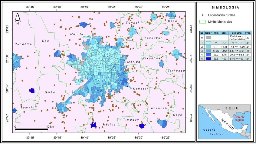 Concentraci&oacute;n de poblaci&oacute;n de tres y m&aacute;s a&ntilde;os que hablan lengua ind&iacute;gena en M&eacute;rida, Yucat&aacute;n, 2010