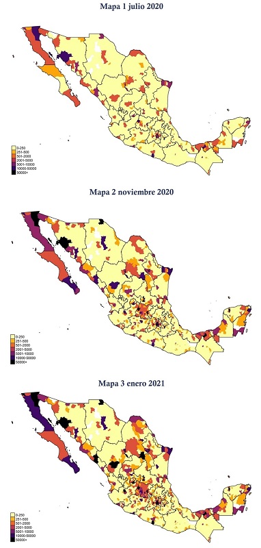 Mapas con la predicción del modelo CAR para tres periodos seleccionados