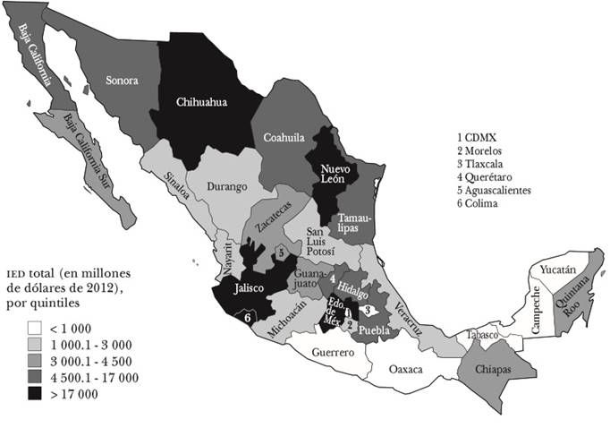 Distribución subnacional de la IED total recibida entre 1999 y 2012