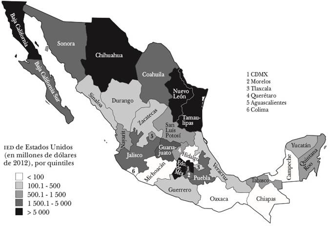 Distribución subnacional de la IED procedente de los EE.UU. (1999 a 2012)