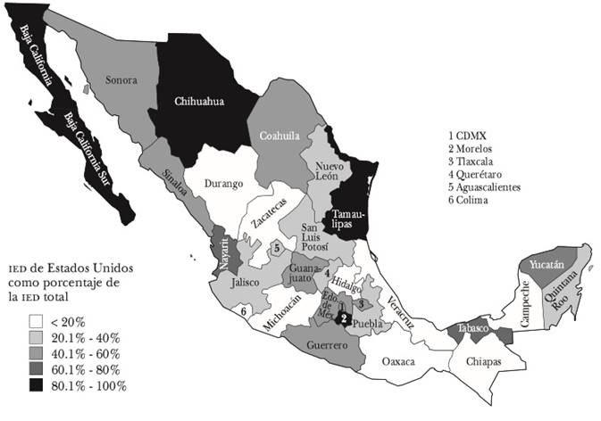 IED estadounidense como porcentaje de la IED total recibida entre 1999 y 2013, por entidad federativa