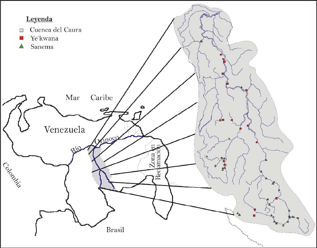 Mapa 1. Ubicaci&oacute;n de las comunidades ye&rsquo;kwana y sanema en la cuenca del Caura en Venezuela