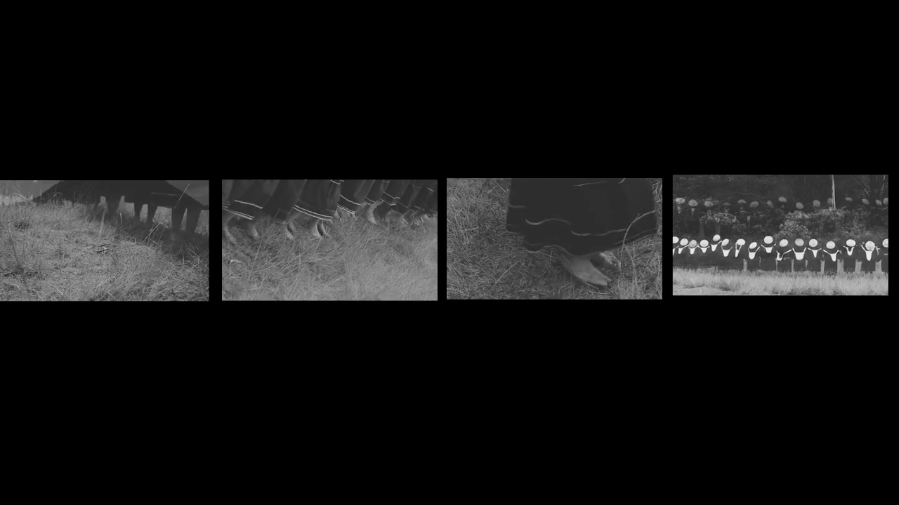 Foto do vídeo “Resistencia”, 2019. Sobre el vídeo: La artista escenifica con un grupo de mujeres misak un baile que se realiza durante las bodas de una pareja. Hombres y mujeres hacen un movimiento de la espiral.