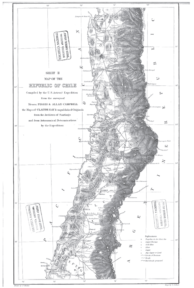 Secci&oacute;n del mapa de la Rep&uacute;blica de Chile reproducido en el texto de Gilliss y preparado sobre la base de los trabajos de Gay, Pissis y Campbell.