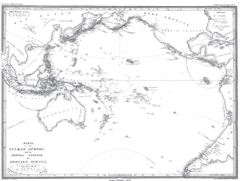 Heinrich Berghaus, &ldquo;Karte von dem vulkan g&uuml;rtel und den central 
 gruppen des grossen oceans&rdquo;, en Physikalischer Atlas.