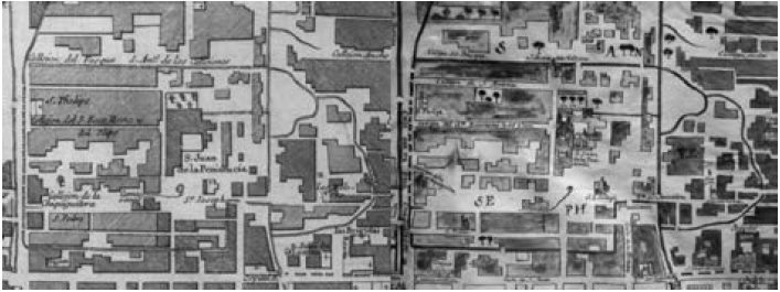 Detalle de san juan de la penitencia en el &ldquo;plan de la ville de mexico&rdquo; y en el &ldquo;plano de la ymperial m&eacute;xico&rdquo; 