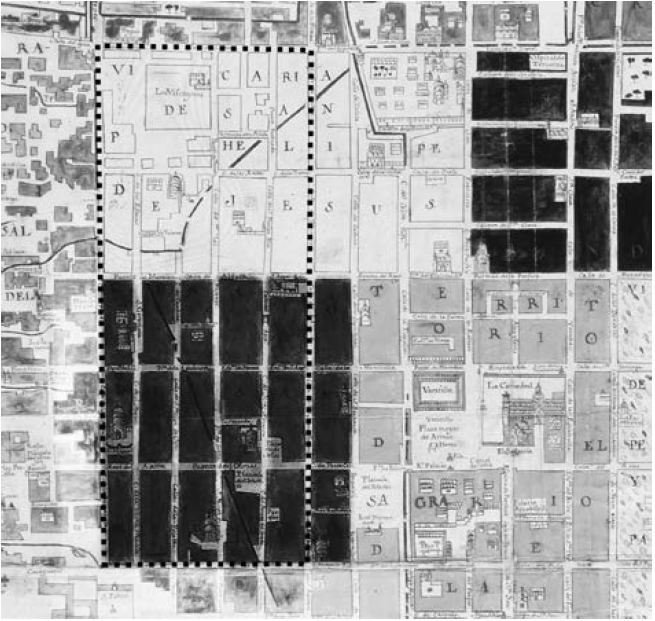 Detalle del curato de San Miguel en el &ldquo;plano de la Ymperial M&eacute;xico&rdquo;. En punteado se se&ntilde;ala la demarcaci&oacute;n de 1769, y sombreada la de 1772 