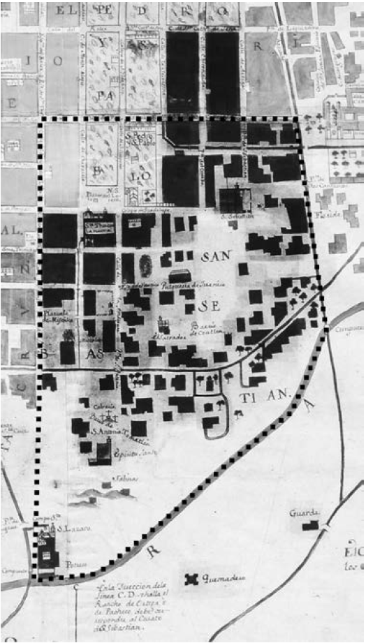 Detalle del curato de San Sebasti&aacute;n en el &ldquo;Plano de la Ymperial M&eacute;xico&rdquo;. En punteado se se&ntilde;ala la demarcaci&oacute;n de 1769 y sombreada la de 1772 