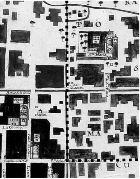Detalle de los l&iacute;mites de Santa Mar&iacute;a en el &ldquo;Plano de la Ymperial M&eacute;xico&rdquo; 