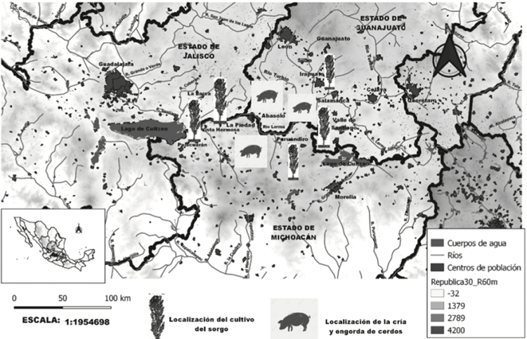Representación geográfica de la localización y concentración de la producción de sorgo y cerdo en el bajío mexicano