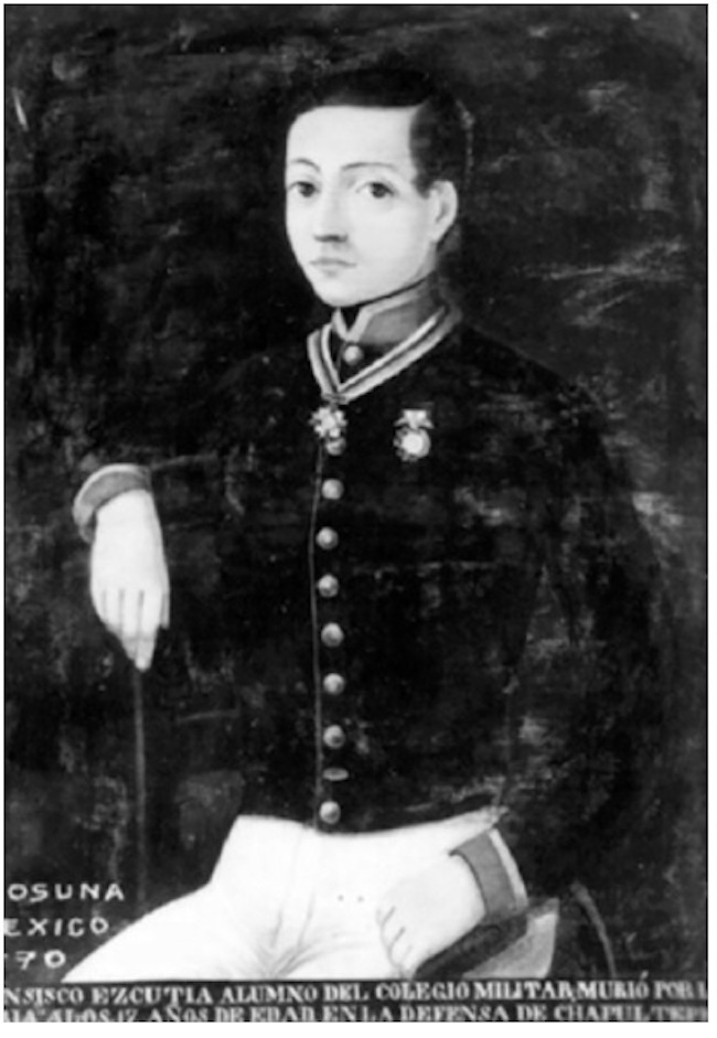 La inscripción inferior detalla: “Francisco Ezcutia [nótese la imprecisión en el nombre] Alumno del Colegio Militar, murió por la patria a los 17 años de edad en la defensa de Chapultepec”. Autor: Santiago Hernández Ayllón (Museo Nacional de Historia).