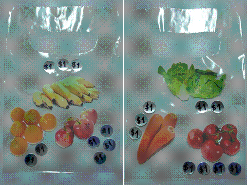 Sacolas de frutas verduras e legumes montadas pelos alunos aps a escuta e interpretao da situao-problema.