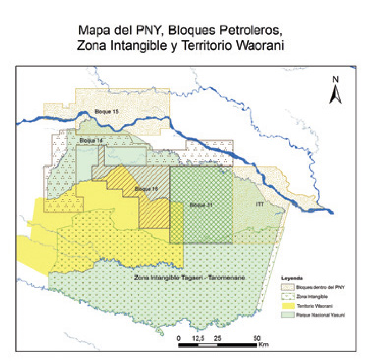 Mapa del PNY, Bloques Petroleros, Zona Intangible y Territorio Waorani