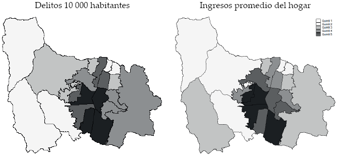 Delitos por 10 000 habitantes e ingresos promedios del
hogar por trabajo, 2004-2012
7
 