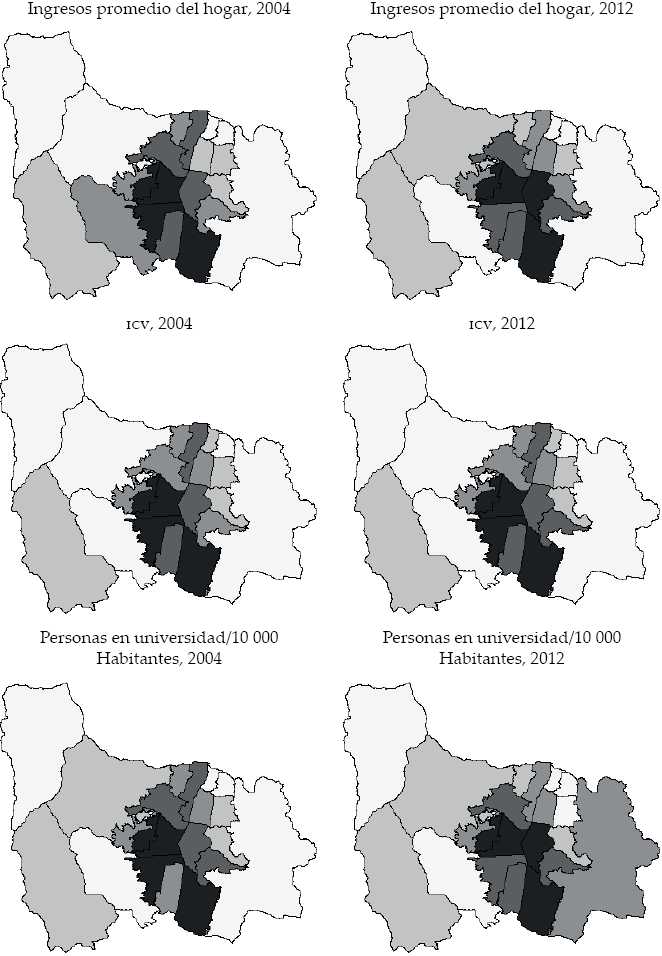 Variables socioeconómicas por comunas, 2004 y 2012 