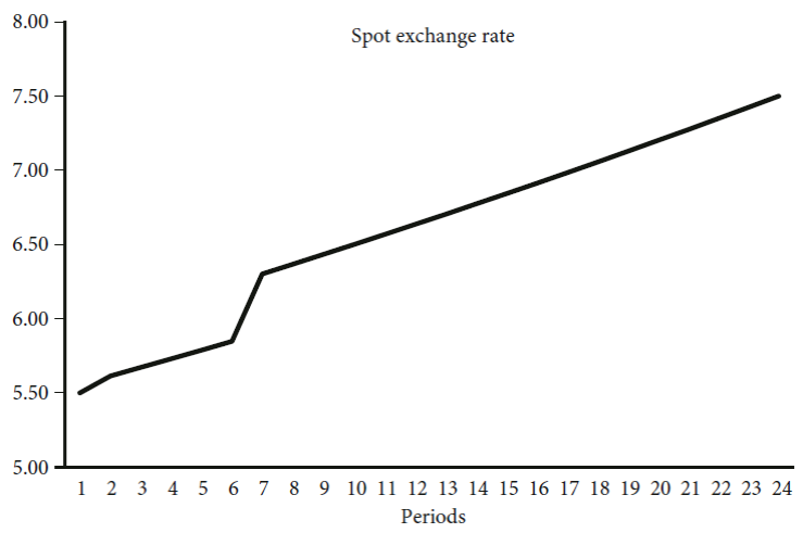 Simulated exchange rate devaluation process (with an exogenous
								shock on expectations)