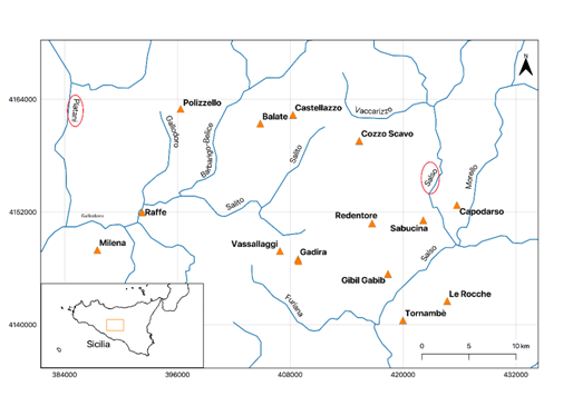 Hydrographic map of Central Sicily between the Salso River (right) and the Platani River (left). The area is crossed by streams nearby where the surveyed archaeological sites are distributed. Credit: Javier Ruiz-Perez.