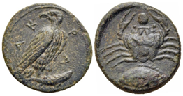 Heavy bronze coin from Akragas (onkia, ca. 406). Source: coinarchives.com (Gorny & Mosch Giessener M�nzhandlung > Auction 265. Lot number: 74. Auction date: 14 October 2019)