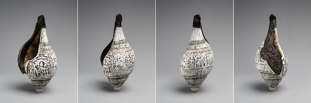 Concha esculpida e decorada com prata. No medalh�o central da decora��o, Narayana (avatar de Vishnu) sentado com sua consorte Lakshmi. 