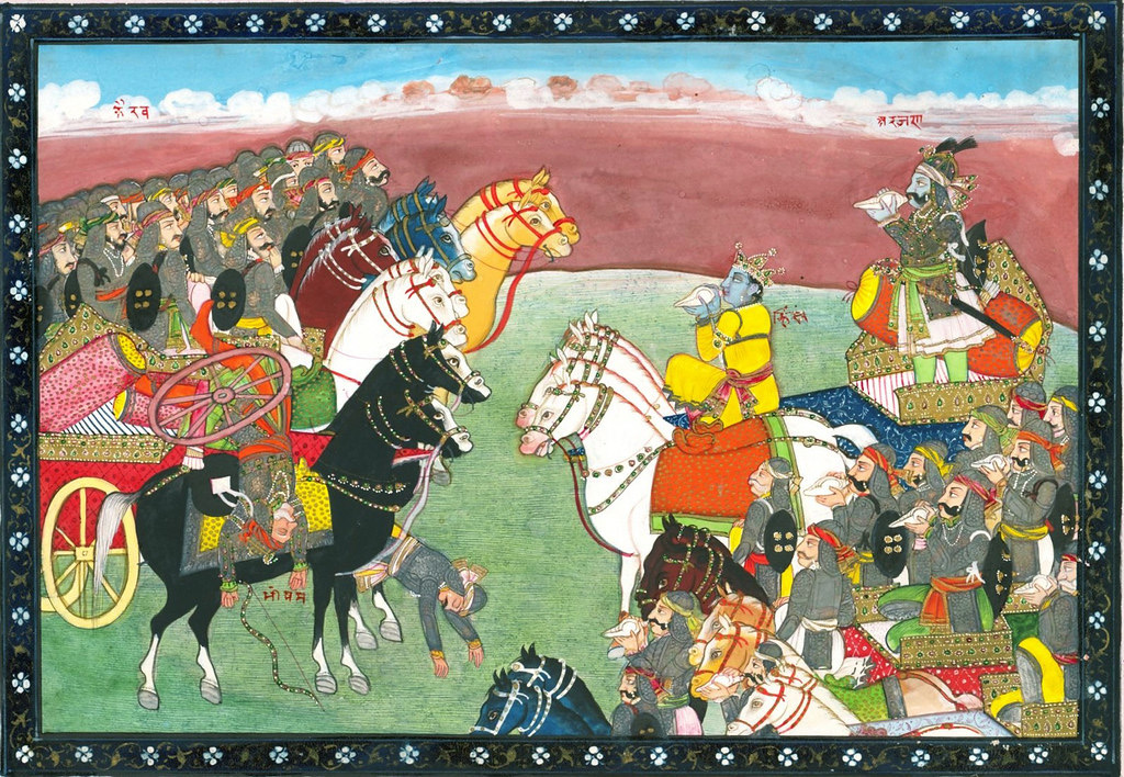 Quadro &ldquo;Queda de Bhishma&rdquo;, miniatura do Kangra tardio (s�c. XIX).