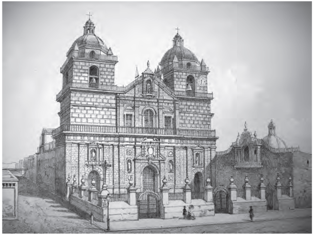 Iglesia de San Pablo (hoy San Pedro), en Mariano Felipe Paz Soldán, “Atlas geográfico del Perú”, Librería de Fermín Didot, París, 1865, lámina XXVII.
					