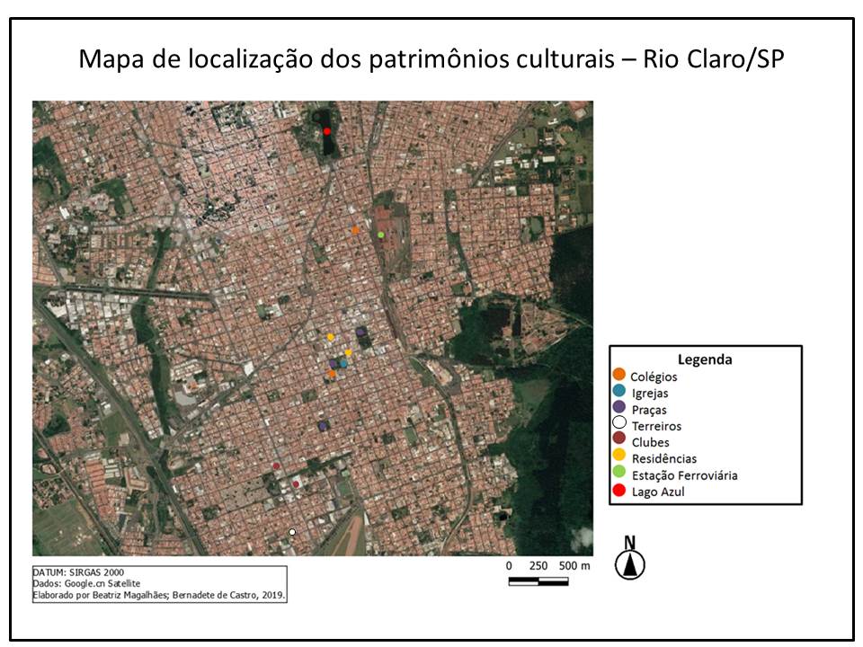 Localização dos patrimônios culturais em Rio Claro/SP