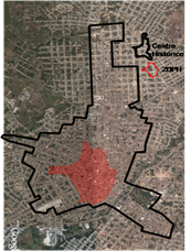 El centro histórico de Camagüey, 1980 (contorno negro) y el área declarada Patrimonio Cultural de la Humanidad, 2008 (mancha roja)