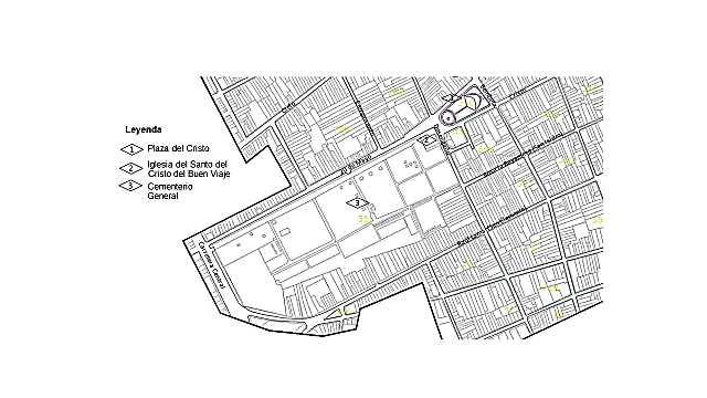 Plano donde se señala el área donde se realiza la primera etapa de intervención   en el Cementerio General de Camagüey