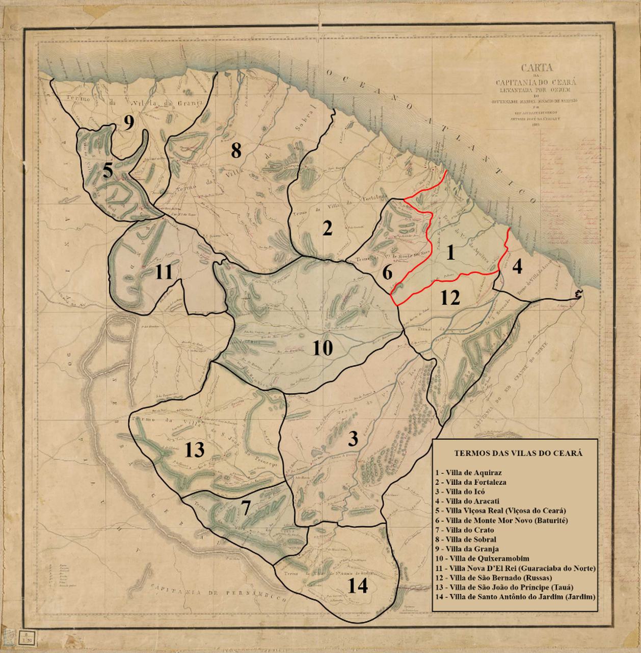 Mapa de localizao da vila de Aquiraz – CE em 1818