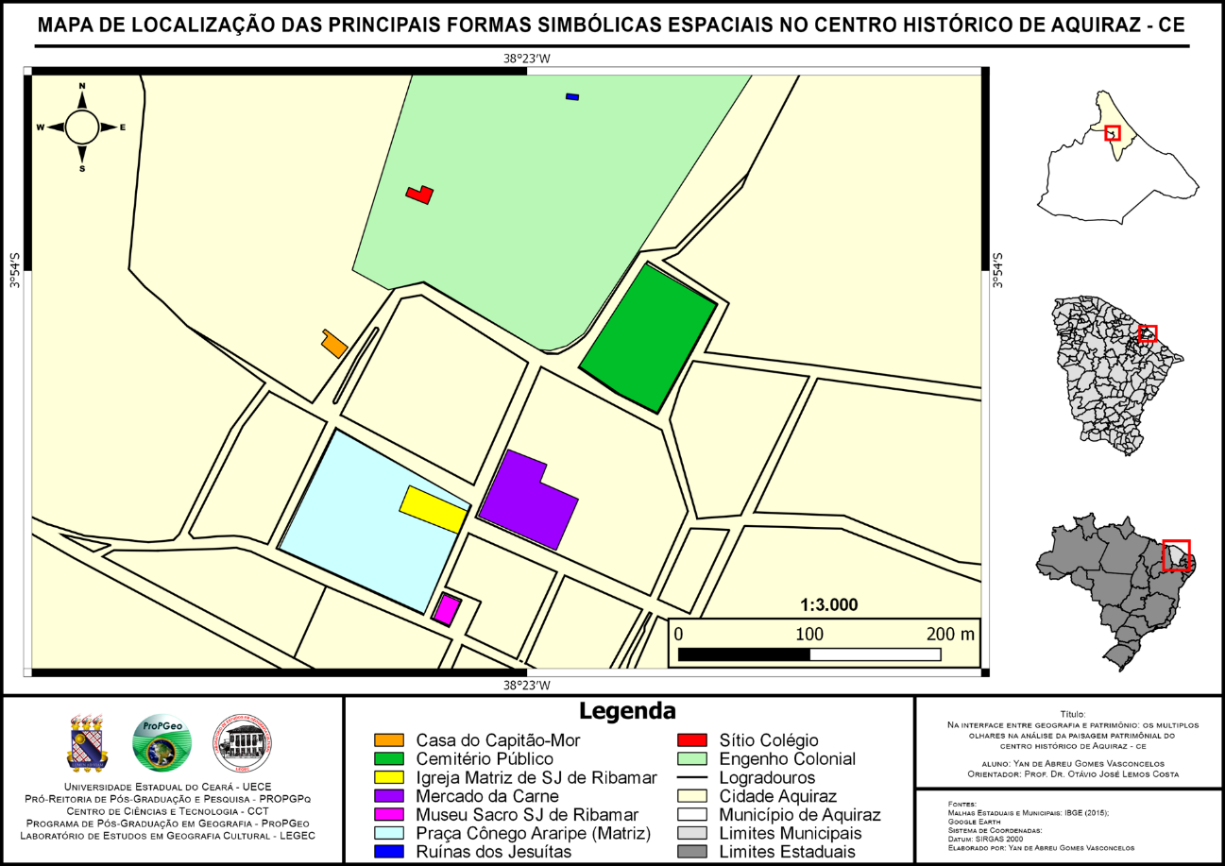 Mapa de localizao das principais formas simblicas espaciais no Centro Histrico de Aquiraz