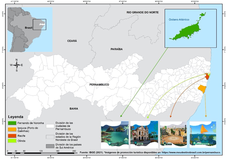 Mapa de los principales destinos tursticos de Pernambuco