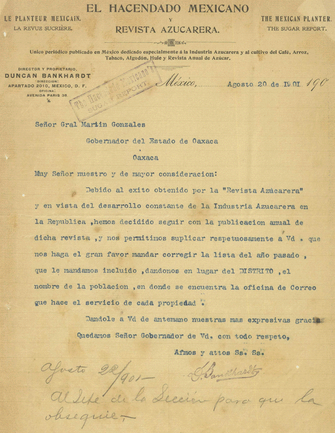 Carta del Hacendado Mexicano y Revista Azucarera, 1901