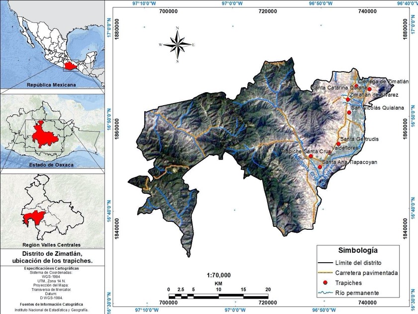 Distrito de Zimatln y municipios en donde se encontr algn vestigio de hacienda o trapiche.