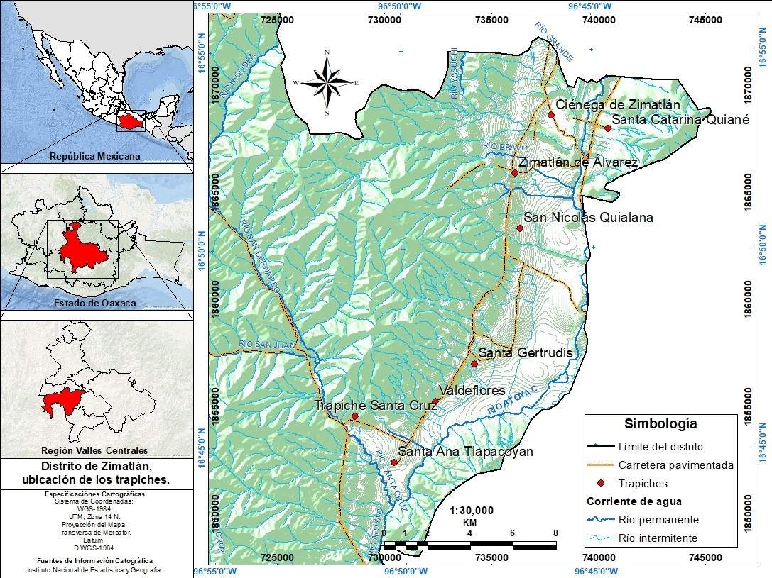 Distrito de Zimatln, ubicacin de los trapiches y de los cuerpos de agua