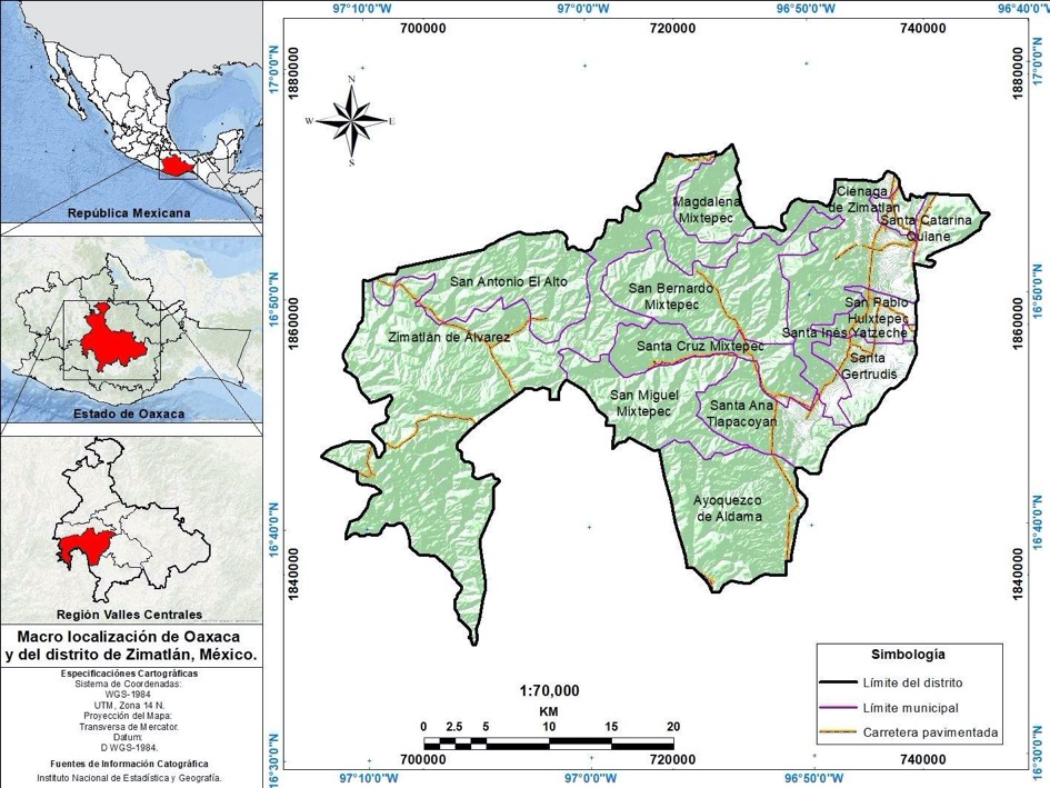 Macro localizacin de Oaxaca y del distrito de Zimatln, Mxico