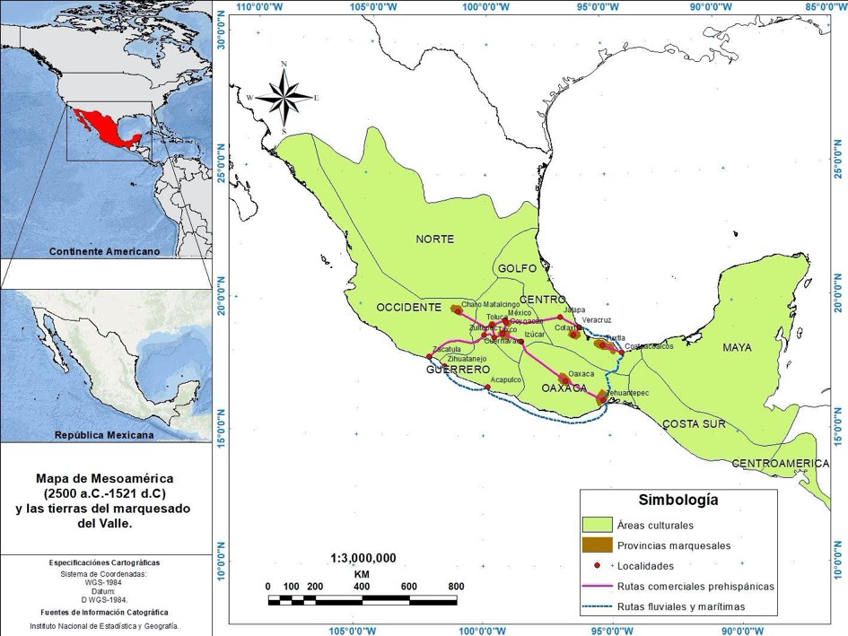 Mapa de Mesoamrica (2500 a.C.- 1521 d.C) y Tierras del marquesado del Valle. Mapa de las provincias o jurisdicciones marquesales: Coyoacn, Cuernavaca, Oaxaca, Tuxtla, Tehuantepec, Toluca y Charo