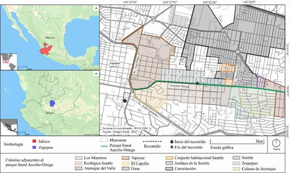 Situaci�n geogr�fica del parque lineal Aurelio Ortega-Atemajac dentro del municipio de Zapopan, en Jalisco, M�xico