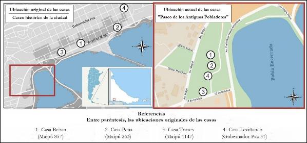 Plano de Ushuaia que muestra la ubicaci�n original de las viviendas y el lugar al que las trasladaron En color rojo se se�ala la zona de &ldquo;Pueblo Viejo&rdquo;