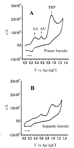 Voltamperograma cclico registrado en una solucin reguladora actico/acetato (pH 3,6) + 5x10-4 mol L-1 TRP + 1x10-4 mol L-1 AA + 1x10-4 mol L-1 AU con un electrodo de carbn vtreo modificado electroqumicamente (EQ/CV), n = 200 mV.s-1
