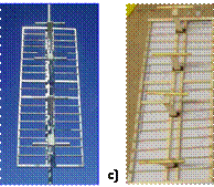 a) Imgenes de la construccin del mdulo de torre a ensayar en el tnel de viento b) Antena VHF prototipo c) modelo.