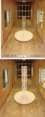 Modelos sobre la mesa de ensayo dentro del tnel de viento, a) mdulo de torre sin antenas, b) modelo de antena VHF, c) mdulo de torre con antenas VHF colocadas en cada cara