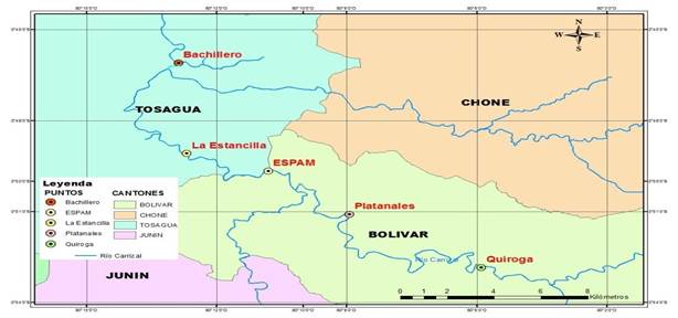 Cuenca del ro Carrizal (Ecuador): localizacin del rea de estudio y puntos de muestreo (modificado de Mero, 2018).