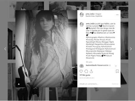 En Instagram, @anto.india etiqueta a la marca “Pólvora” en su publicación sobre su satisfacción por una camisa de la marca