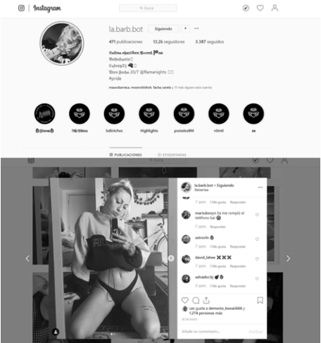 Perfil de Instagram de @la.barb.bot con imagen en la que muestra su figura y una prenda recientemente regalada por @bigsurcompany