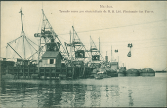 Tarjeta postal “Manos. Traco aerea por electridade da M.H. Ltd. Fluctuante das Torres”, editor: Georg Huebner & Amaral, Photographia Allem, Manos, c. 1910, coleccin de SHMH/Altonaer Museum, Hamburgo.