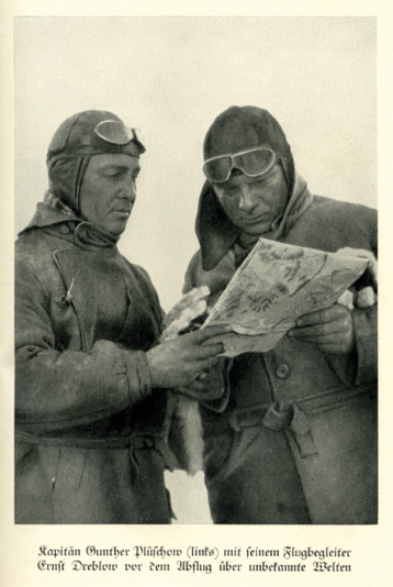 Fotografas “Selva, glaciar, mar y avin en Tierra del Fuego” y “Capitn Gunther Plschow (a la izquierda) con su acompaante Ernst Dreblow antes del despegue sobre mundos desconocidos” de Kurt Neubert (?), 1927/29 (Plschow 1929: 125 y 12)