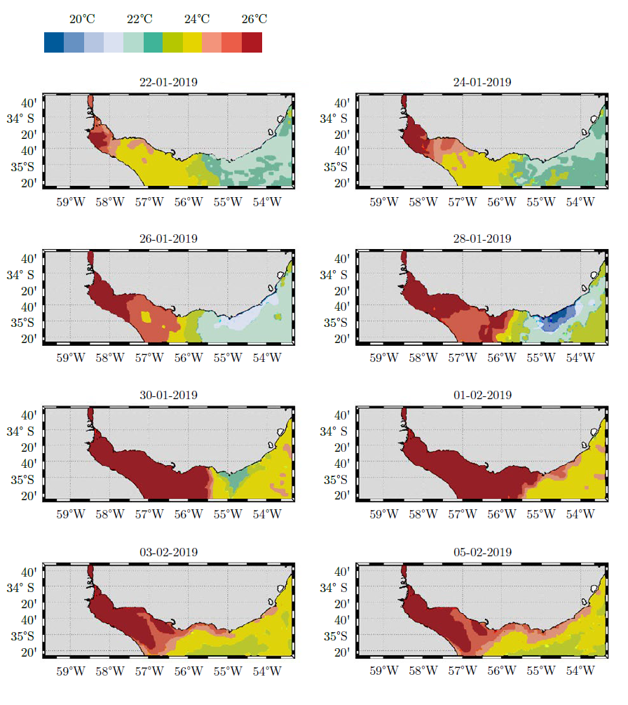 Evolución cada dos días de la temperatura superficial del mar (22 de enero al 5 de febrero de 2019), a partir de datos satelitales MUR-GHRSST.